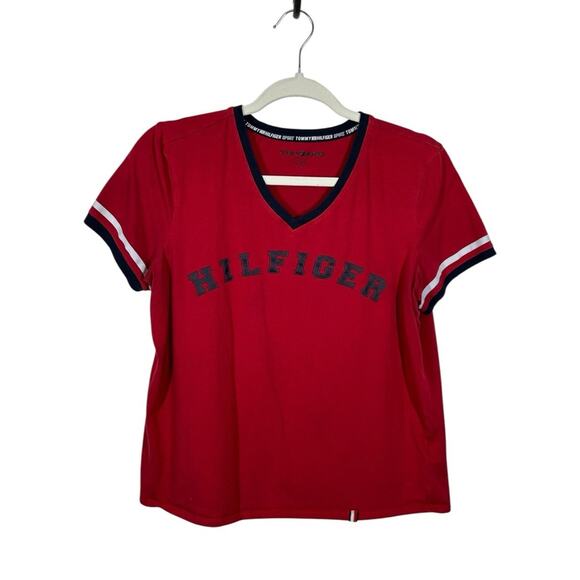 Vintage Tommy Hilfiger Sport Red Ringer V-Neck Tee Y2K Size M - Picture 2 of 11